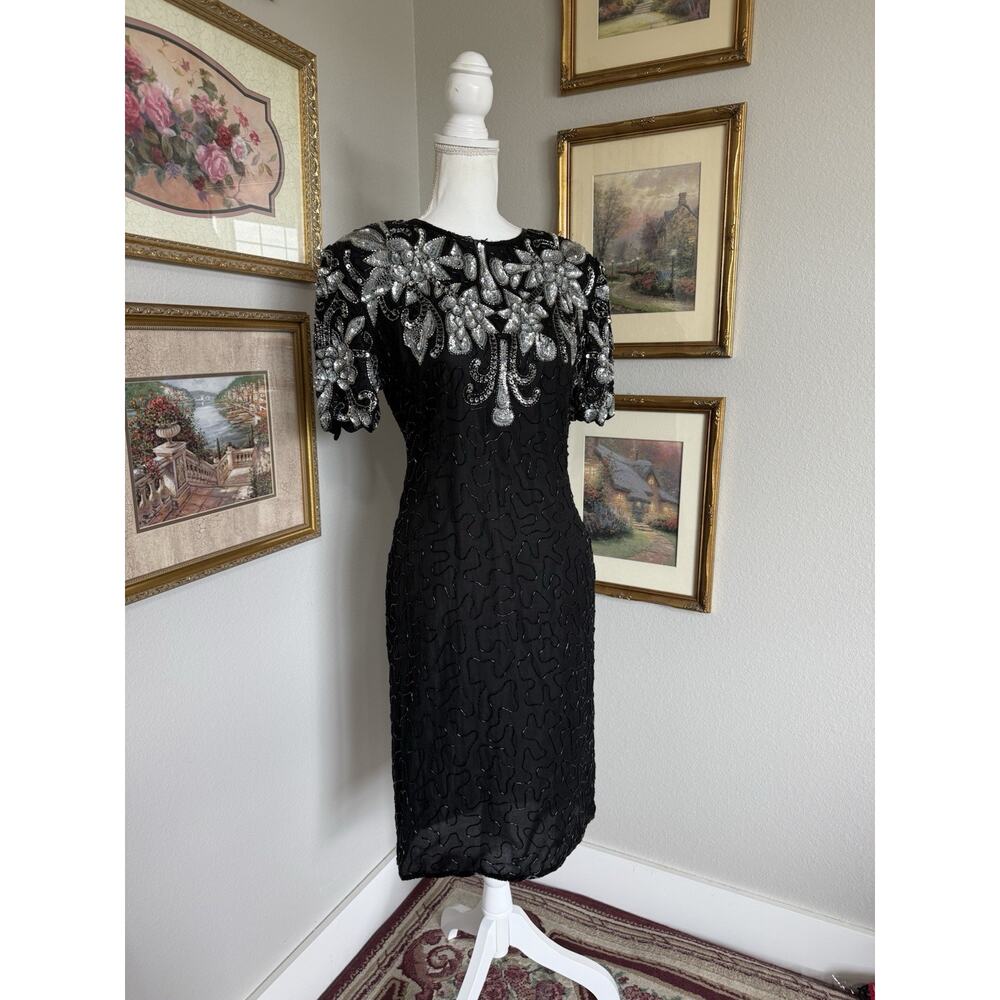 Vintage 80s Swee Lo Black Beaded Silk Cocktail Dress sz M Embellished